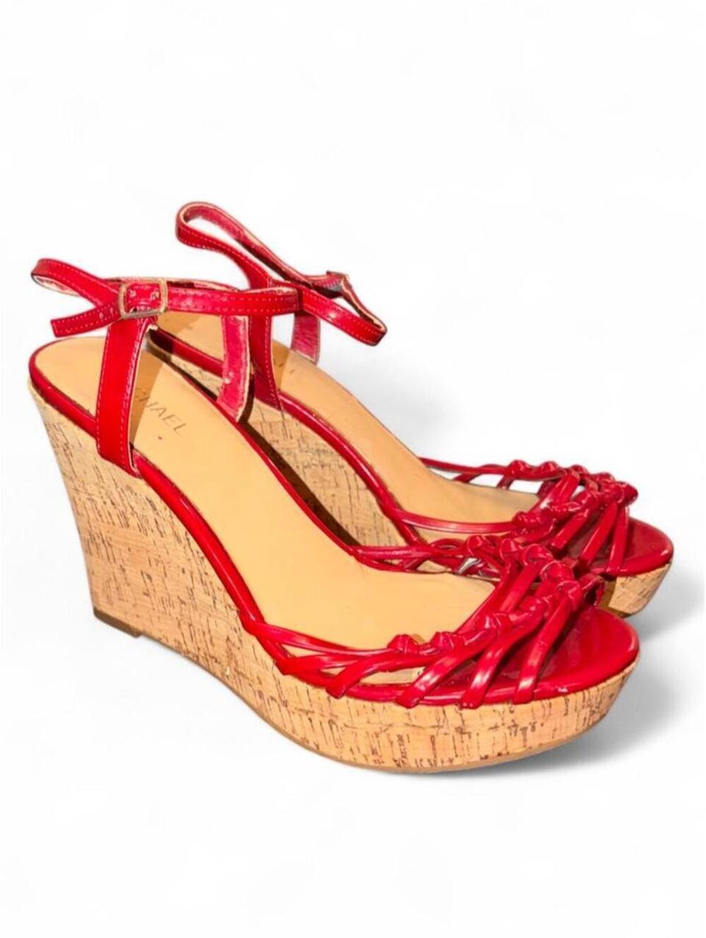 Michael Kors Red Patent Leather Strappy Knot Cork Wedge Sandals